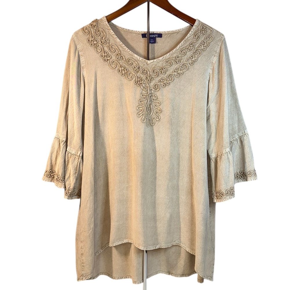 Roaman’s Boho-style Top Emb V-neck Elbow-length Bell Sleeves High-low Hem Sz 16W